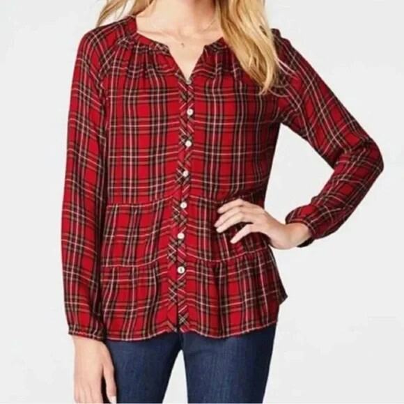 J Jill Tartan Plaid Top Size Medium Red Button Up Long Sleeve Ruffle Tiered - Picture 1 of 11